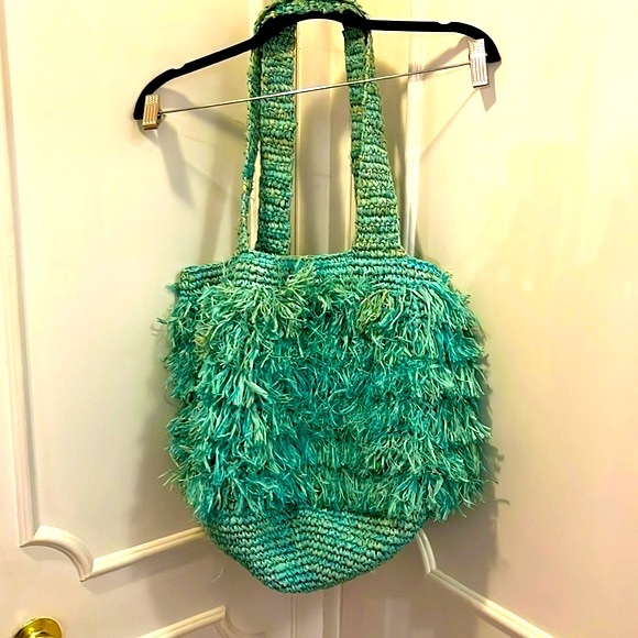 Straw raffia green blue shoulder tote bag - Picture 2 of 5